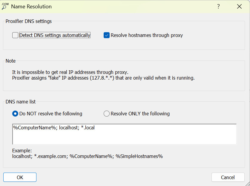 Proxifier DNS settings